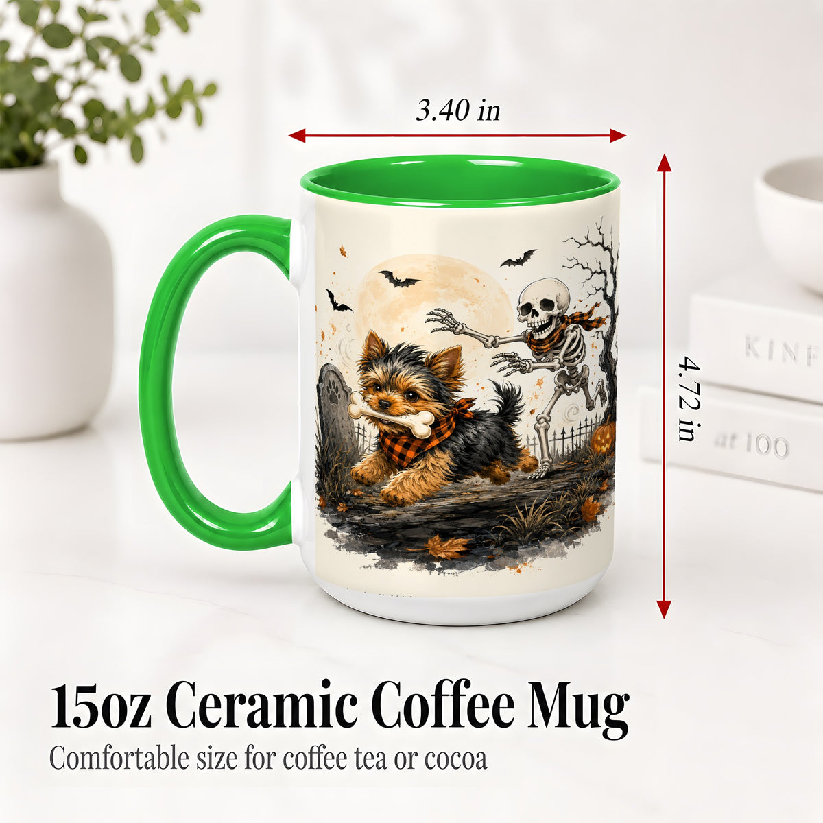 #pl[15oz|Green] Halloween Yorkie Ceramic Mug, Skeleton Graveyard Dog Artwork