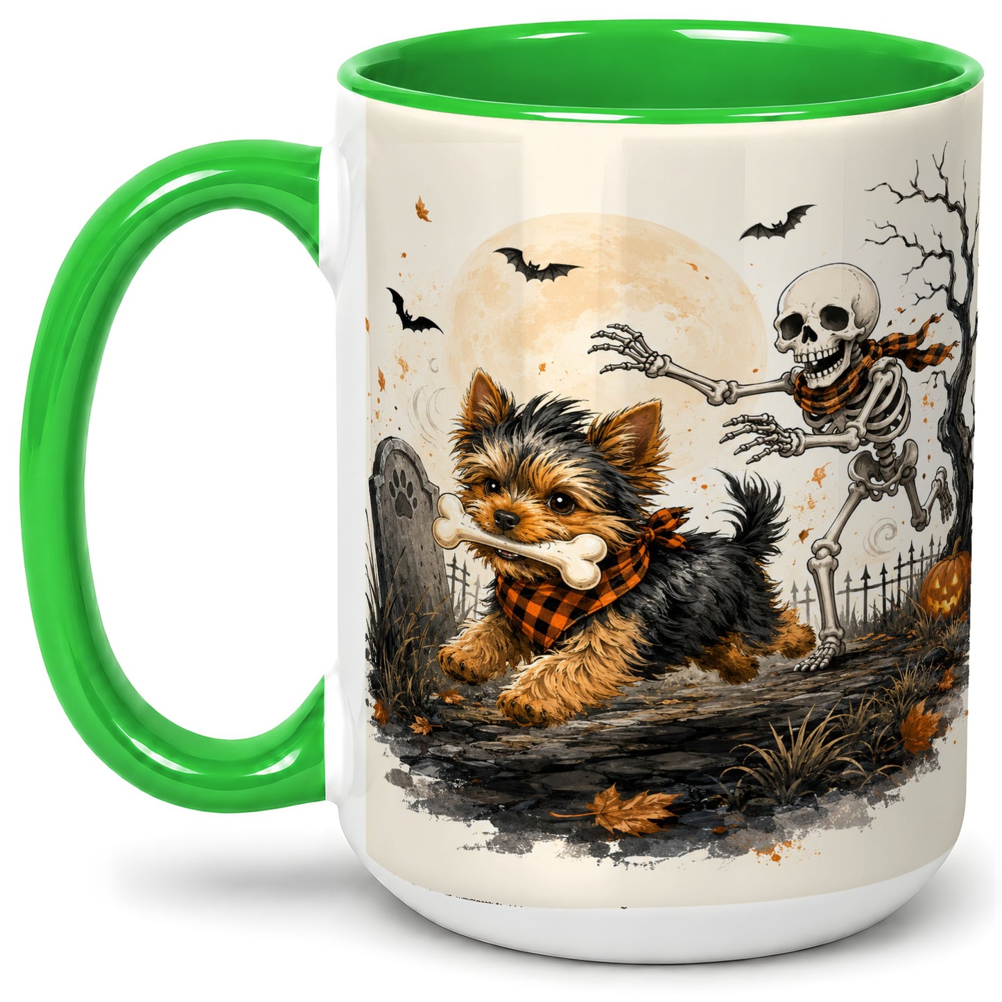 #pl[15oz|Green] Halloween Yorkie Ceramic Mug, Skeleton Graveyard Dog Artwork