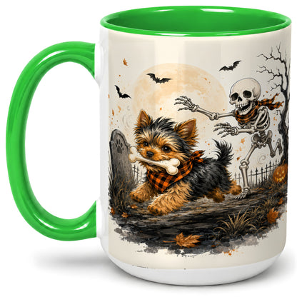 #pl[15oz|Green] Halloween Yorkie Ceramic Mug, Skeleton Graveyard Dog Artwork