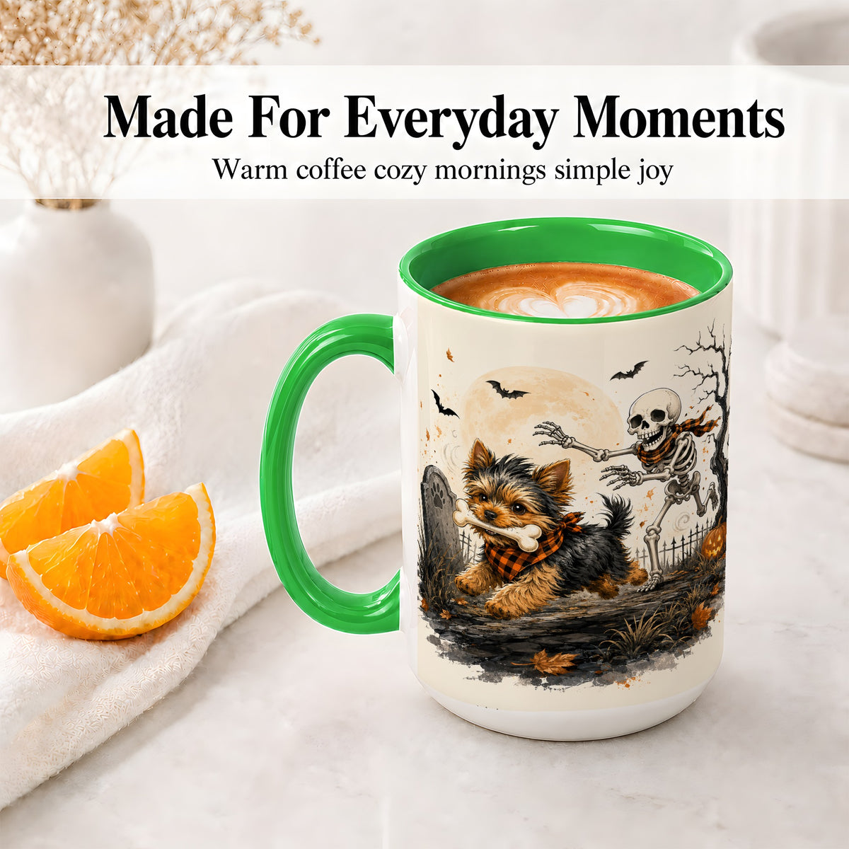 #pl[15oz|Green] Halloween Yorkie Ceramic Mug, Skeleton Graveyard Dog Artwork