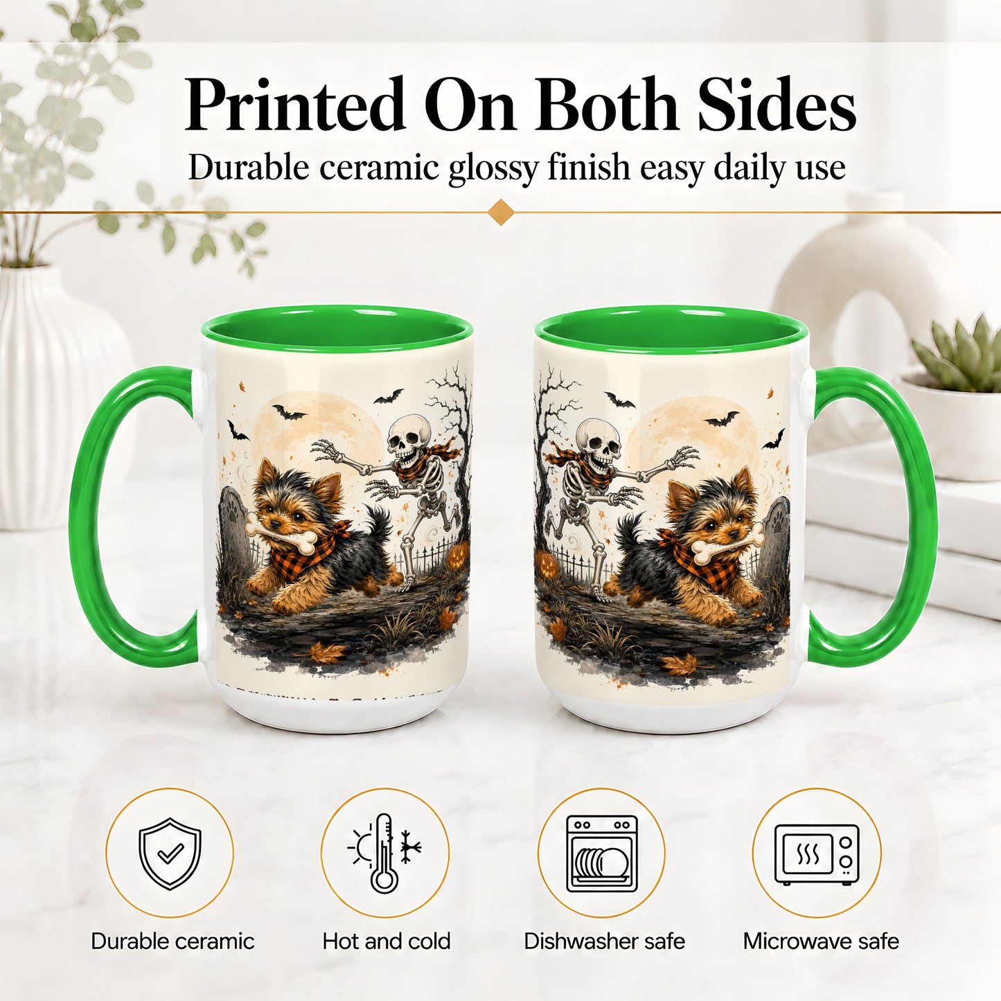 #pl[15oz|Green] Halloween Yorkie Ceramic Mug, Skeleton Graveyard Dog Artwork