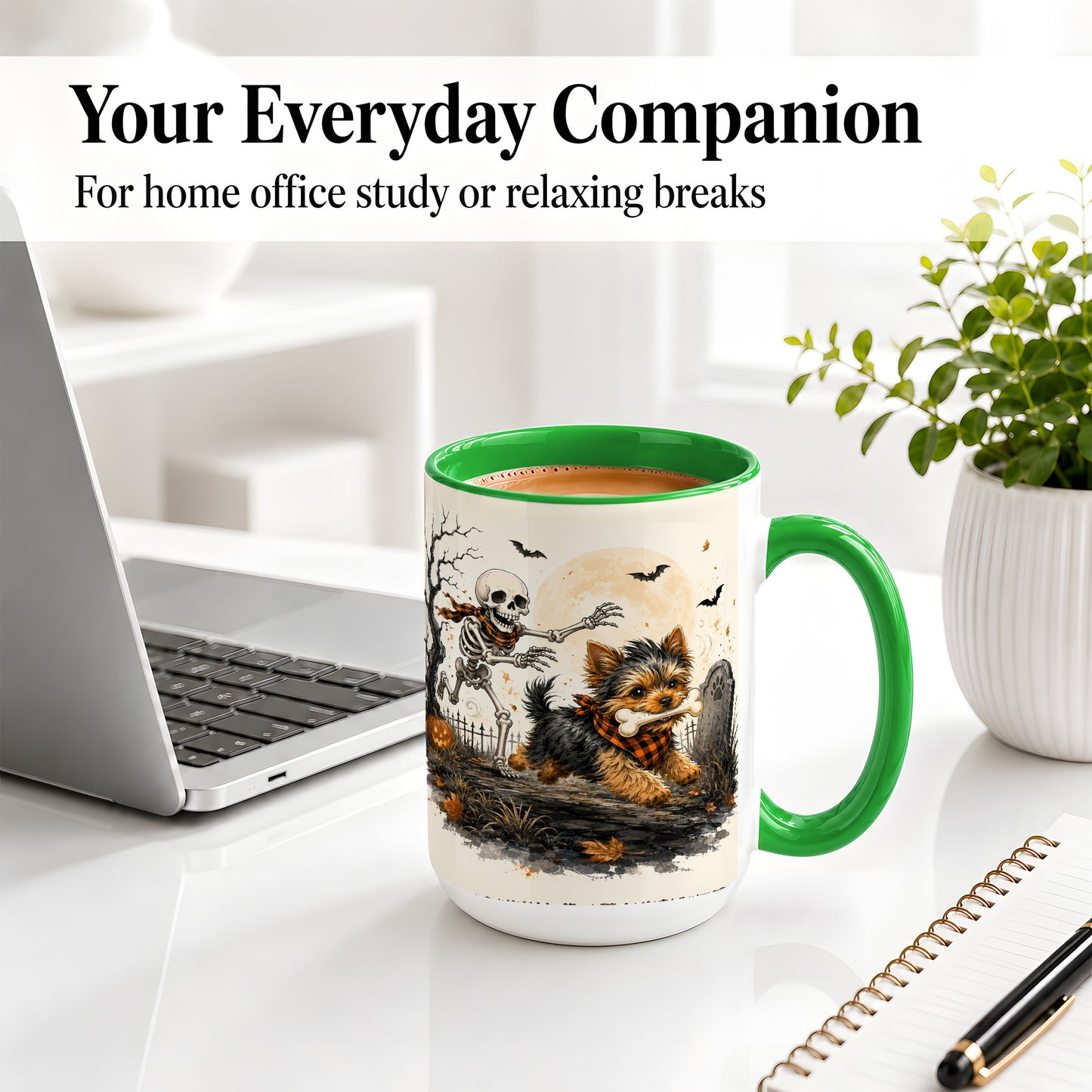 #pl[15oz|Green] Halloween Yorkie Ceramic Mug, Skeleton Graveyard Dog Artwork