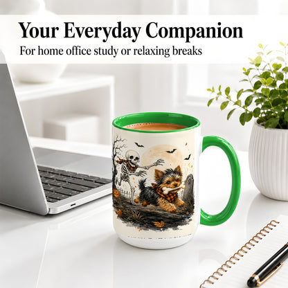 #pl[15oz|Green] Halloween Yorkie Ceramic Mug, Skeleton Graveyard Dog Artwork