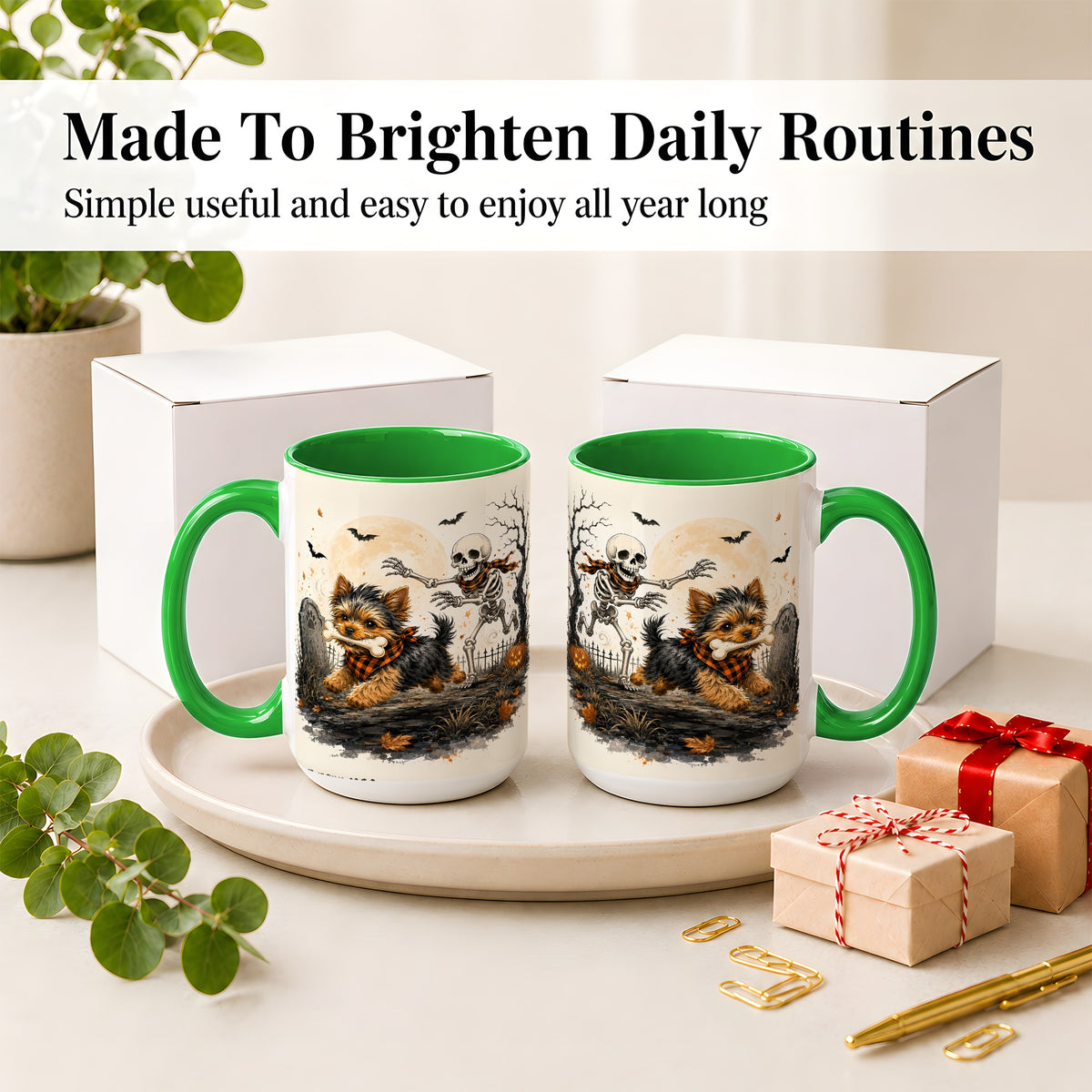 #pl[15oz|Green] Halloween Yorkie Ceramic Mug, Skeleton Graveyard Dog Artwork