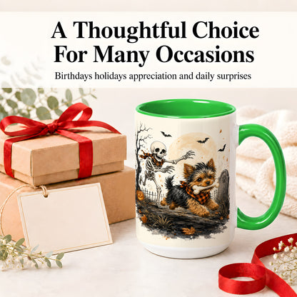 #pl[15oz|Green] Halloween Yorkie Ceramic Mug, Skeleton Graveyard Dog Artwork