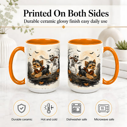 #pl[15oz|Orange] Halloween Yorkie Ceramic Mug, Skeleton Graveyard Dog Artwork