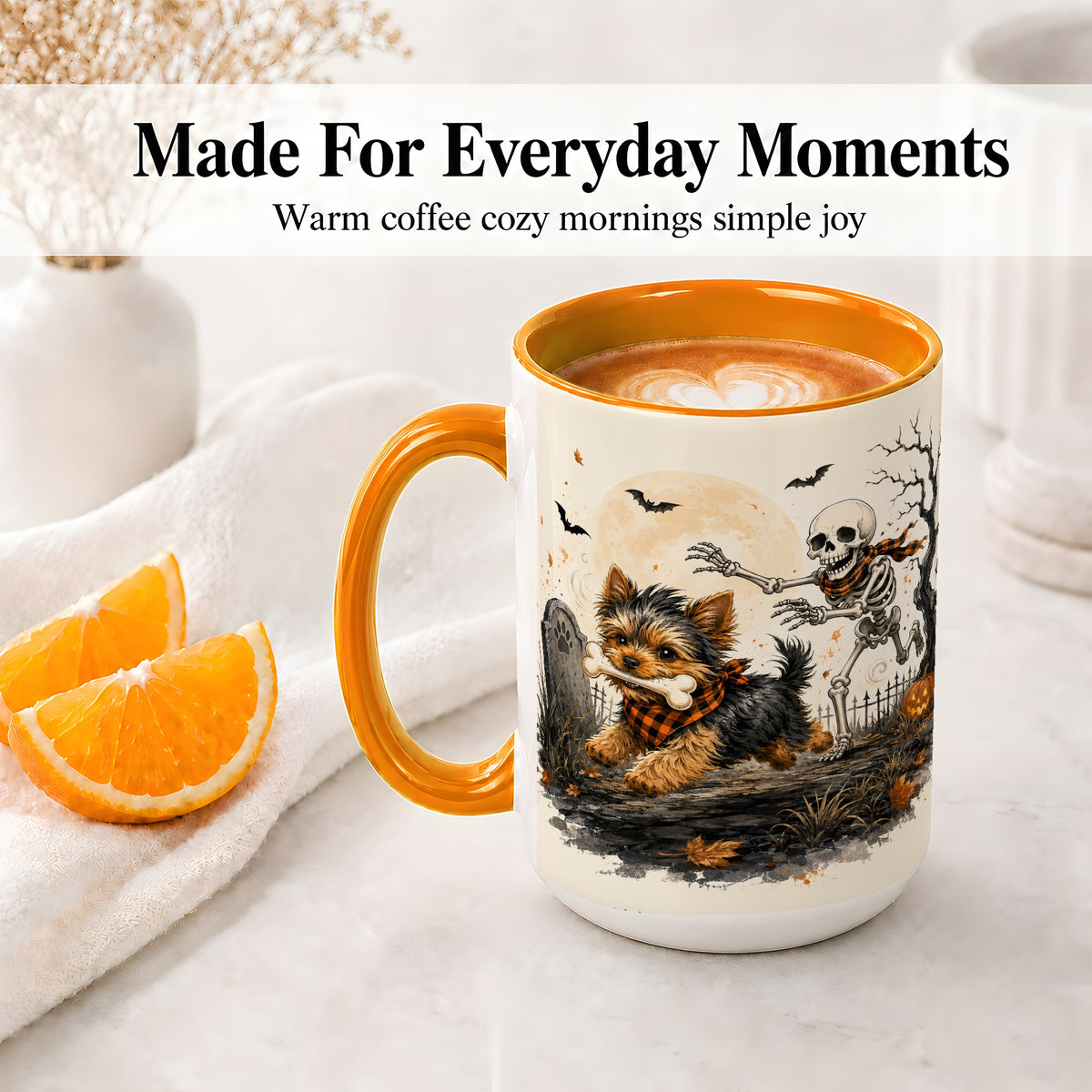 #pl[15oz|Orange] Halloween Yorkie Ceramic Mug, Skeleton Graveyard Dog Artwork