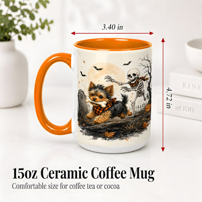 #pl[15oz|Orange] Halloween Yorkie Ceramic Mug, Skeleton Graveyard Dog Artwork