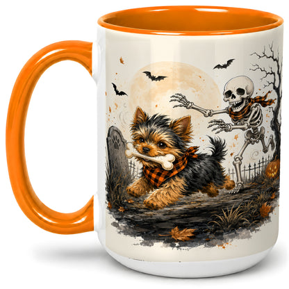 #pl[15oz|Orange] Halloween Yorkie Ceramic Mug, Skeleton Graveyard Dog Artwork