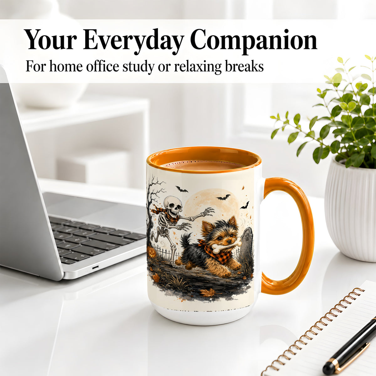 #pl[15oz|Orange] Halloween Yorkie Ceramic Mug, Skeleton Graveyard Dog Artwork