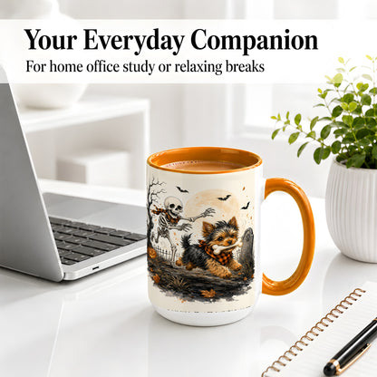#pl[15oz|Orange] Halloween Yorkie Ceramic Mug, Skeleton Graveyard Dog Artwork