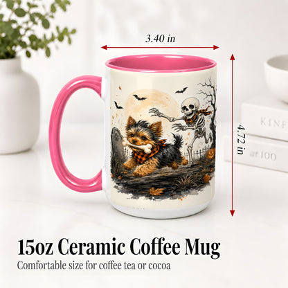 #pl[15oz|Pink] Halloween Yorkie Ceramic Mug, Skeleton Graveyard Dog Artwork