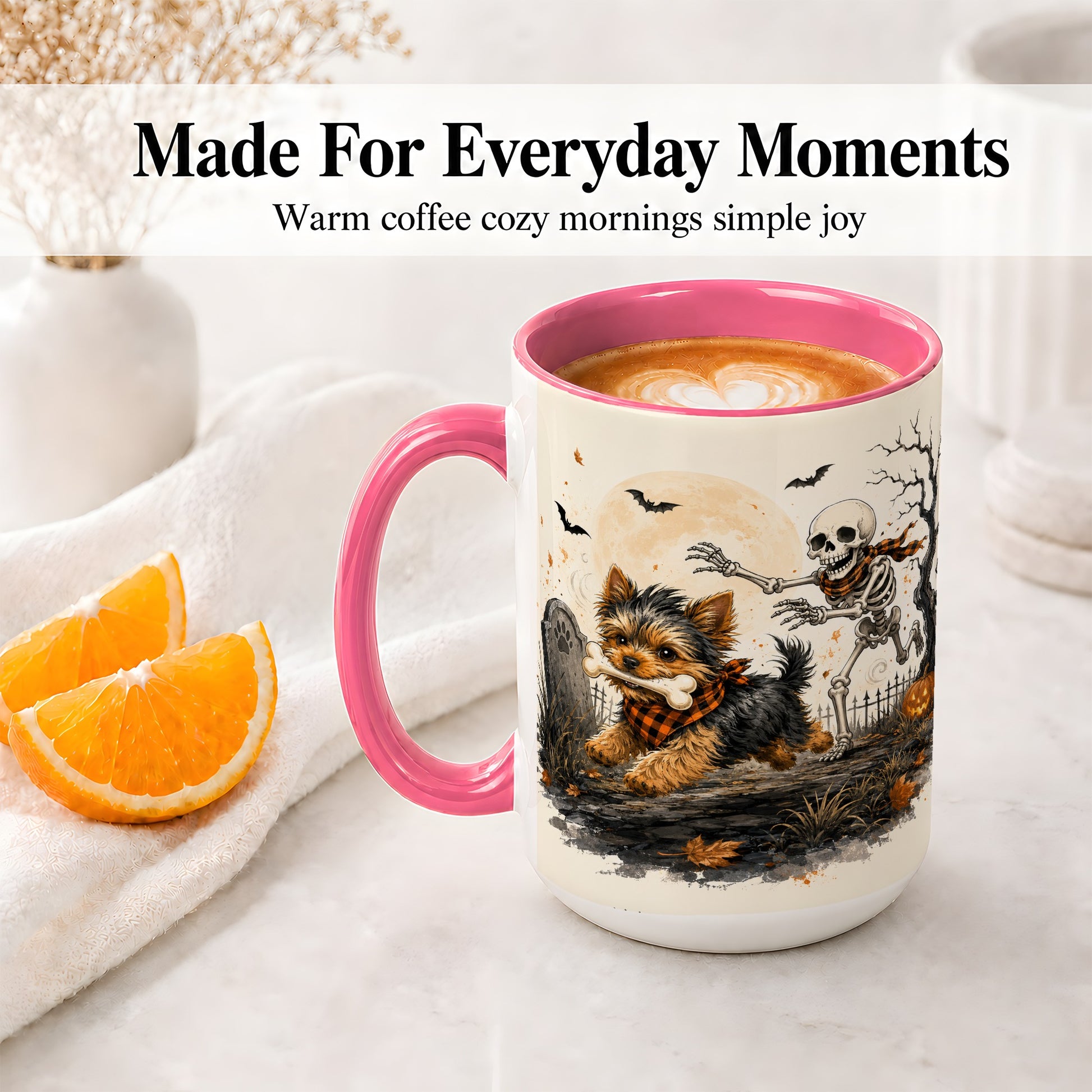 #pl[15oz|Pink] Halloween Yorkie Ceramic Mug, Skeleton Graveyard Dog Artwork
