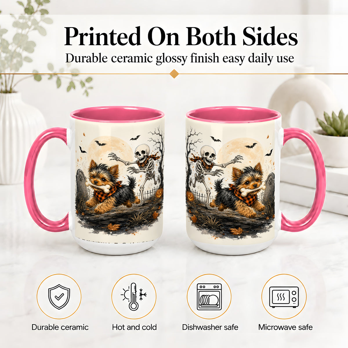 #pl[15oz|Pink] Halloween Yorkie Ceramic Mug, Skeleton Graveyard Dog Artwork