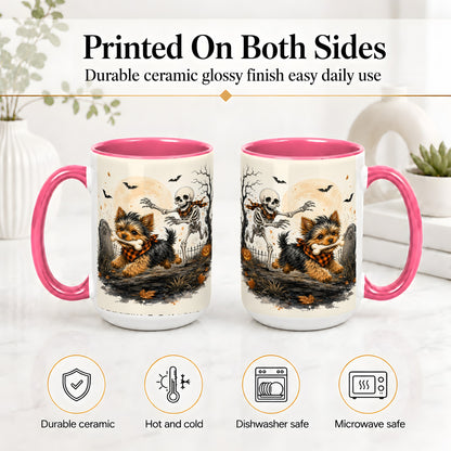 #pl[15oz|Pink] Halloween Yorkie Ceramic Mug, Skeleton Graveyard Dog Artwork