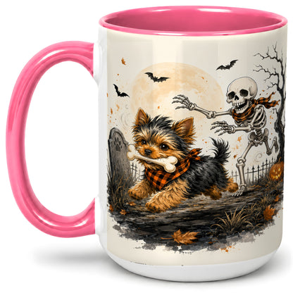#pl[15oz|Pink] Halloween Yorkie Ceramic Mug, Skeleton Graveyard Dog Artwork