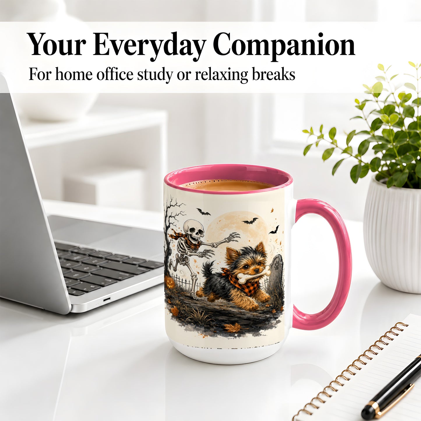 #pl[15oz|Pink] Halloween Yorkie Ceramic Mug, Skeleton Graveyard Dog Artwork