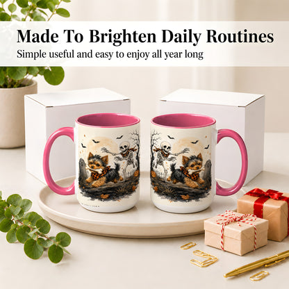 #pl[15oz|Pink] Halloween Yorkie Ceramic Mug, Skeleton Graveyard Dog Artwork
