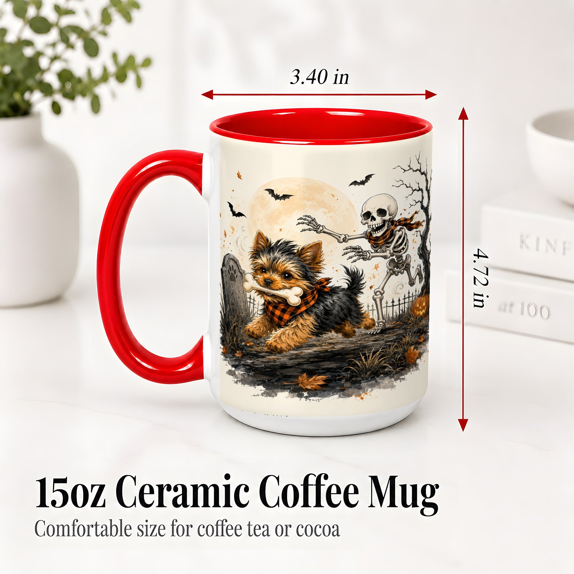 #pl[15oz|Red] Halloween Yorkie Ceramic Mug, Skeleton Graveyard Dog Artwork