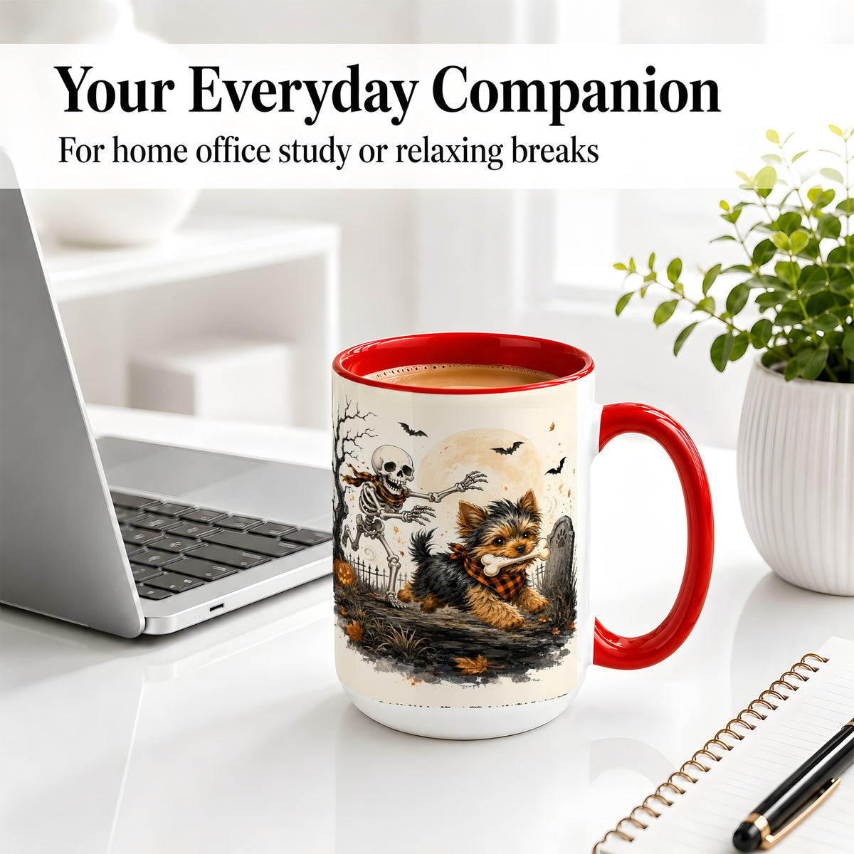 #pl[15oz|Red] Halloween Yorkie Ceramic Mug, Skeleton Graveyard Dog Artwork