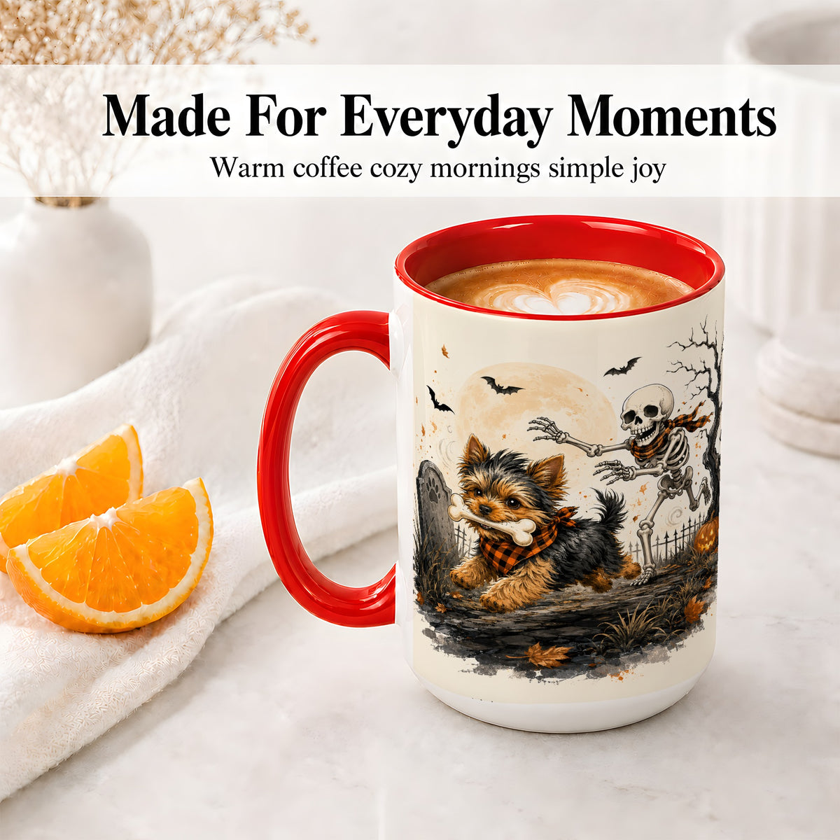 #pl[15oz|Red] Halloween Yorkie Ceramic Mug, Skeleton Graveyard Dog Artwork