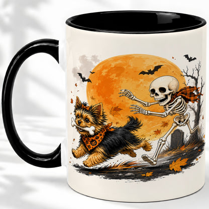 #pl[11oz|Black] Halloween Yorkie Ceramic Mug, Orange Moon Skeleton Dog Design