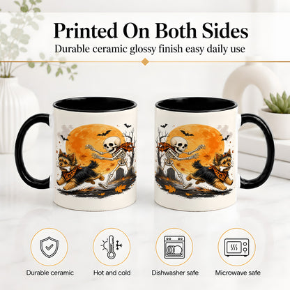 #pl[11oz|Black] Halloween Yorkie Ceramic Mug, Orange Moon Skeleton Dog Design