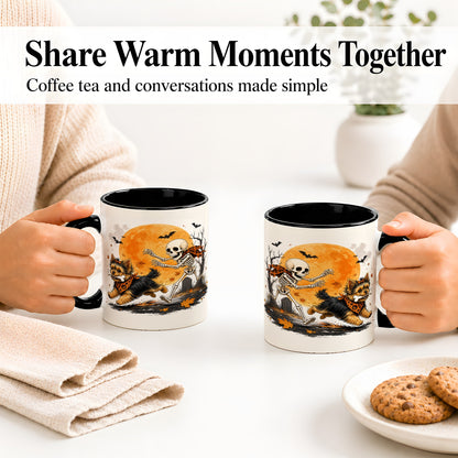 #pl[11oz|Black] Halloween Yorkie Ceramic Mug, Orange Moon Skeleton Dog Design