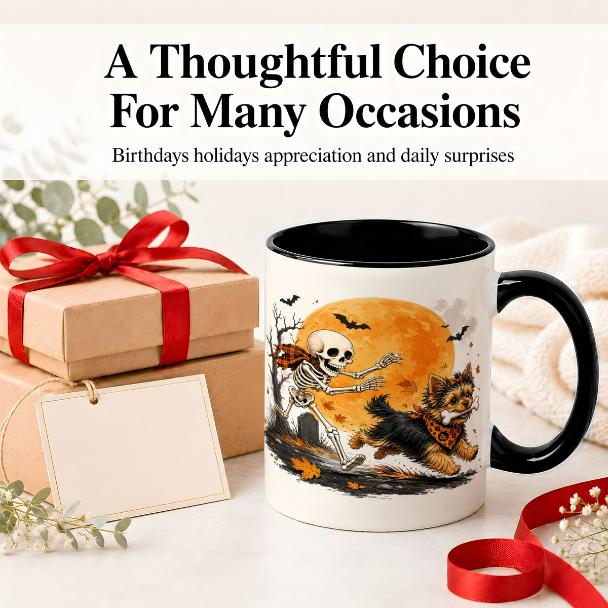 #pl[11oz|Black] Halloween Yorkie Ceramic Mug, Orange Moon Skeleton Dog Design