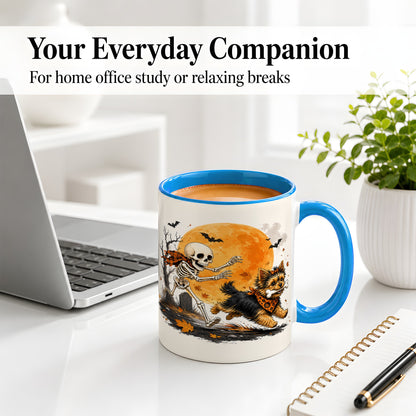 #pl[11oz|Blue] Halloween Yorkie Ceramic Mug, Orange Moon Skeleton Dog Design