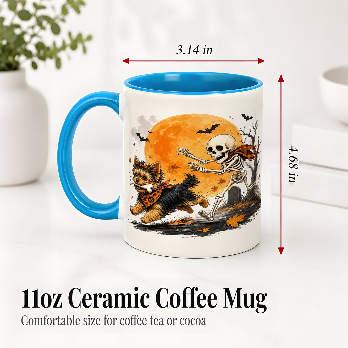 #pl[11oz|Blue] Halloween Yorkie Ceramic Mug, Orange Moon Skeleton Dog Design