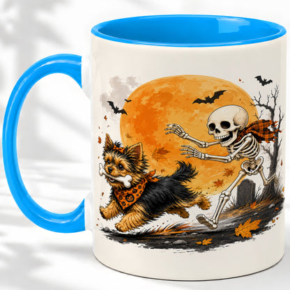 #pl[11oz|Blue] Halloween Yorkie Ceramic Mug, Orange Moon Skeleton Dog Design