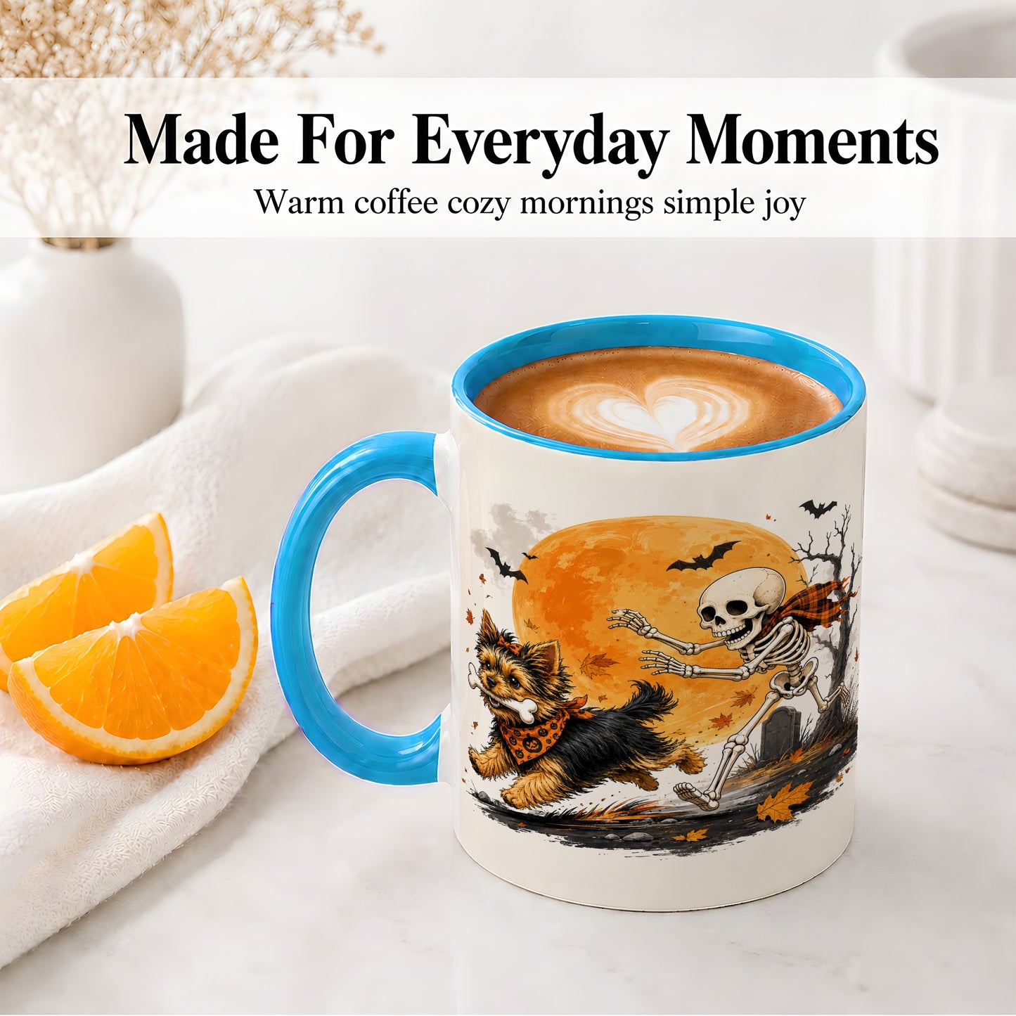 #pl[11oz|Blue] Halloween Yorkie Ceramic Mug, Orange Moon Skeleton Dog Design