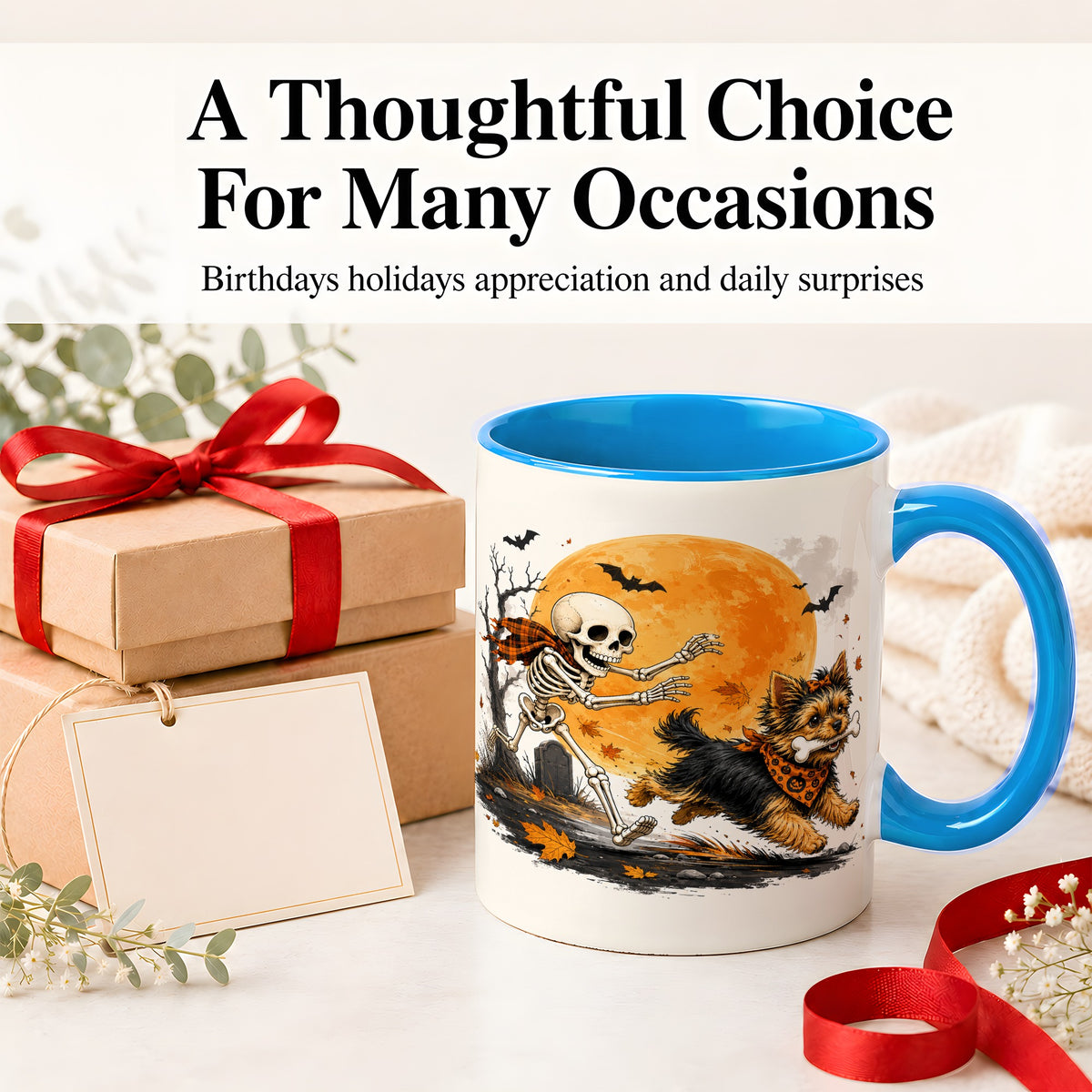 #pl[11oz|Blue] Halloween Yorkie Ceramic Mug, Orange Moon Skeleton Dog Design