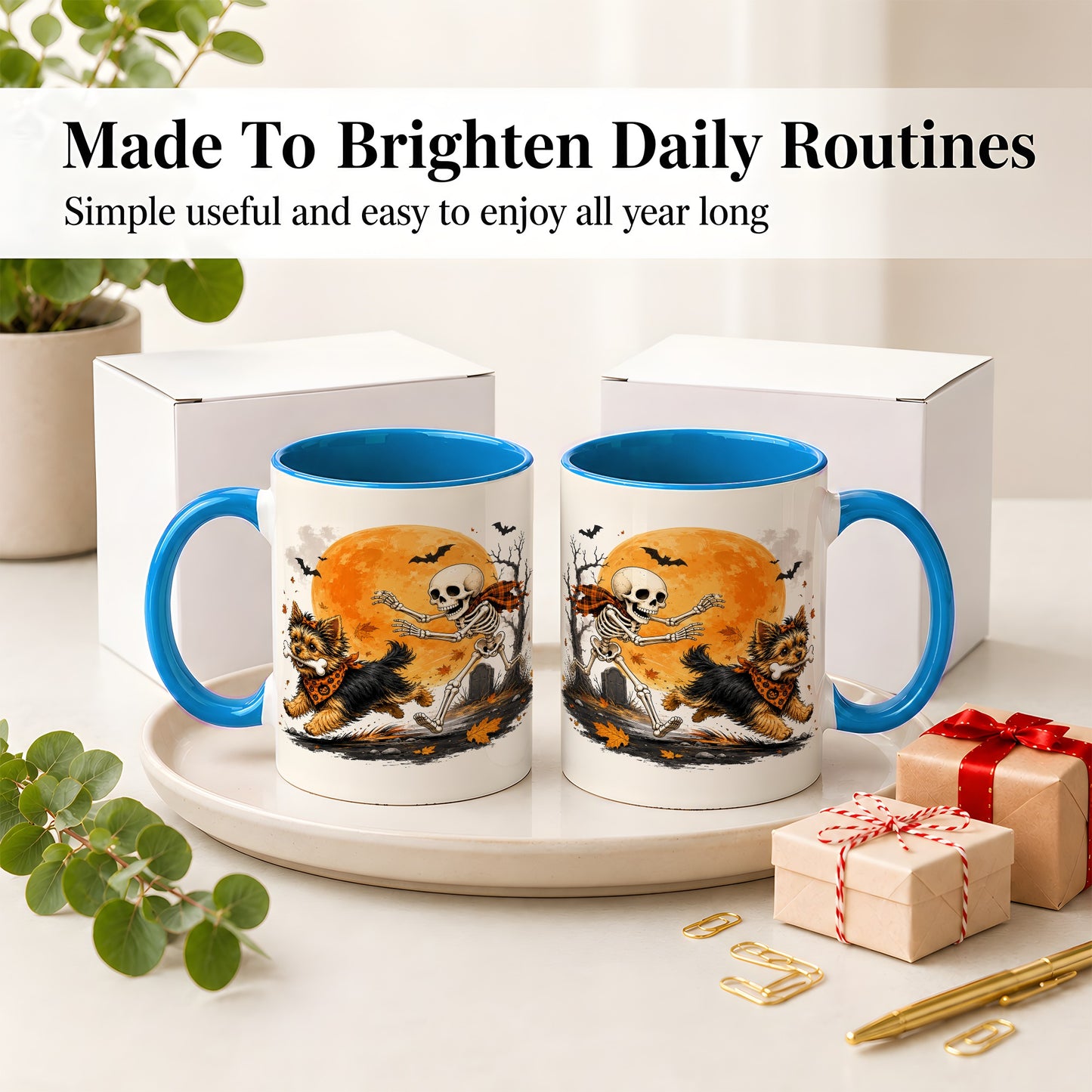 #pl[11oz|Blue] Halloween Yorkie Ceramic Mug, Orange Moon Skeleton Dog Design