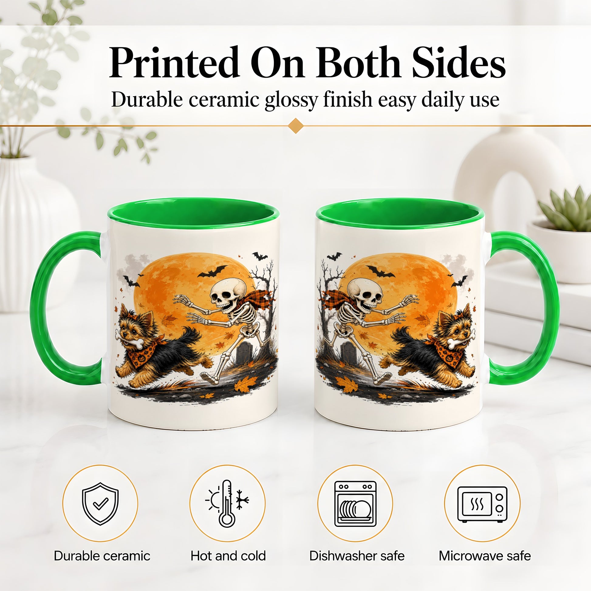 #pl[11oz|Green] Halloween Yorkie Ceramic Mug, Orange Moon Skeleton Dog Design