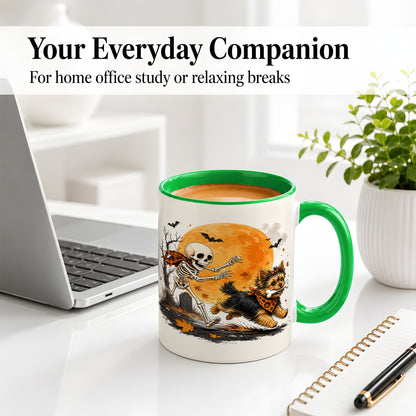 #pl[11oz|Green] Halloween Yorkie Ceramic Mug, Orange Moon Skeleton Dog Design