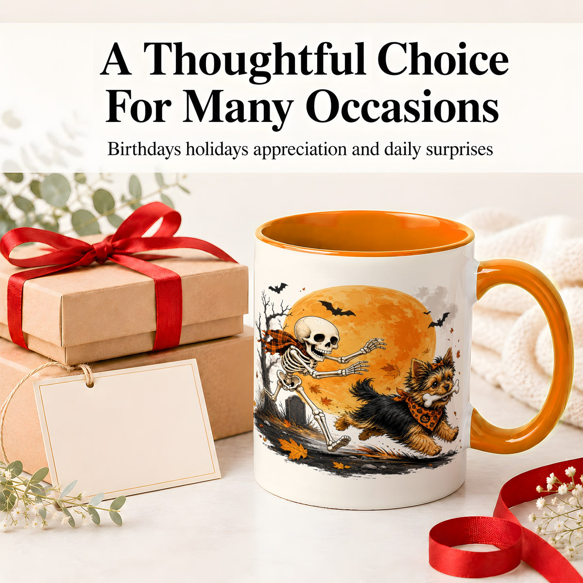 #pl[11oz|Orange] Halloween Yorkie Ceramic Mug, Orange Moon Skeleton Dog Design