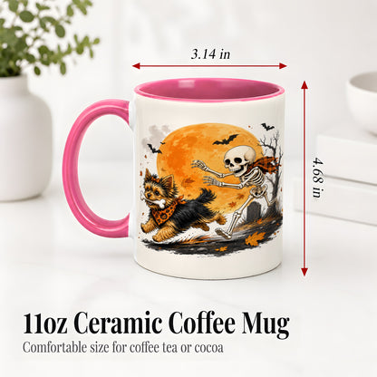 #pl[11oz|Pink] Halloween Yorkie Ceramic Mug, Orange Moon Skeleton Dog Design