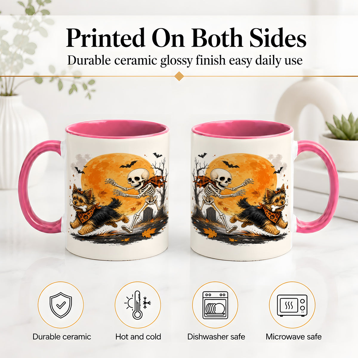 #pl[11oz|Pink] Halloween Yorkie Ceramic Mug, Orange Moon Skeleton Dog Design
