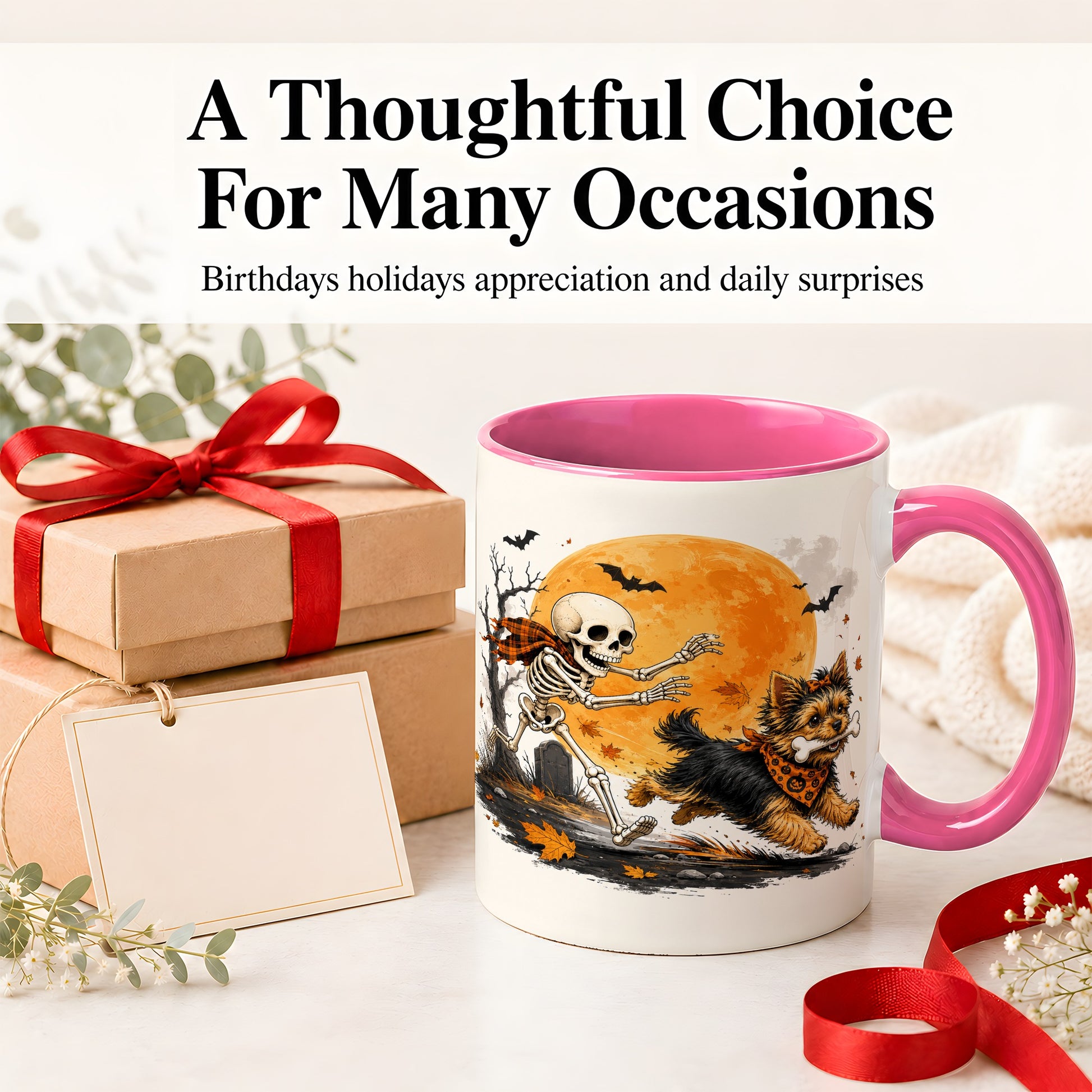#pl[11oz|Pink] Halloween Yorkie Ceramic Mug, Orange Moon Skeleton Dog Design