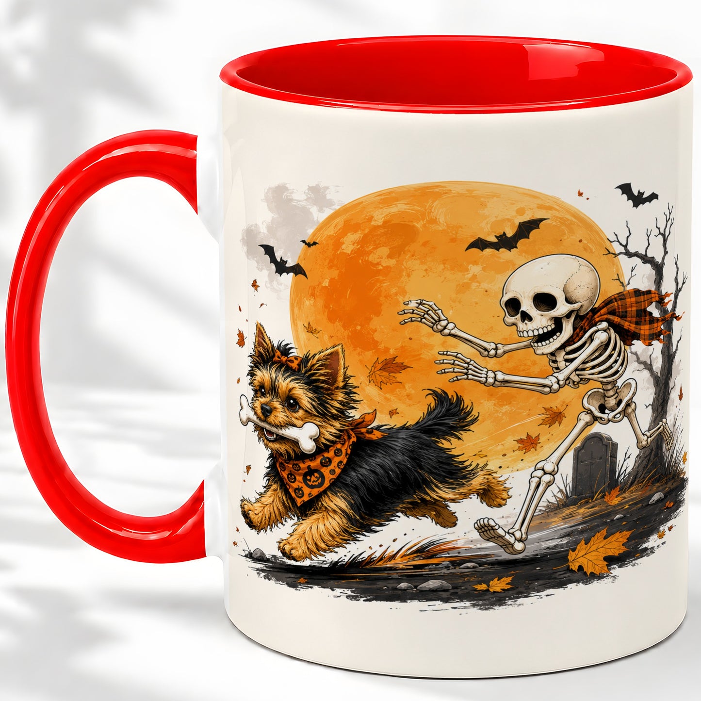 Halloween Yorkie Ceramic Mug, Orange Moon Skeleton Dog Design
