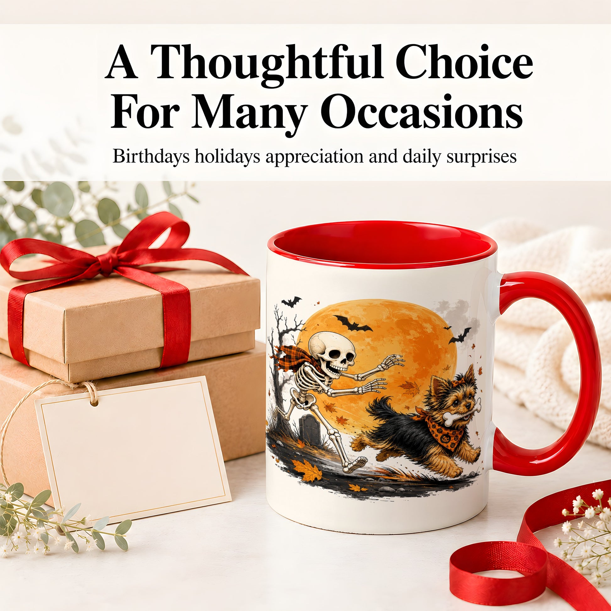 #pl[11oz|Red] Halloween Yorkie Ceramic Mug, Orange Moon Skeleton Dog Design