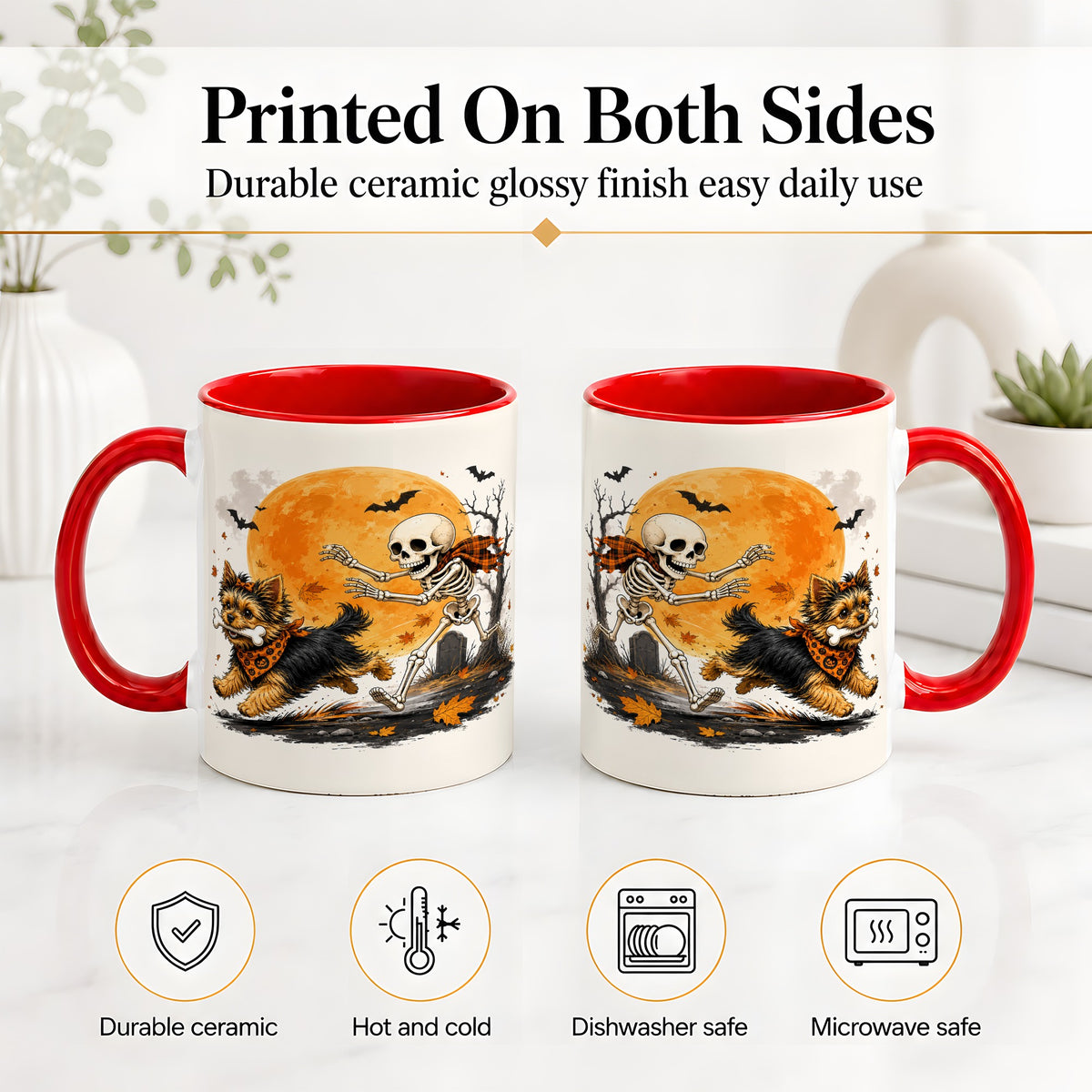 #pl[11oz|Red] Halloween Yorkie Ceramic Mug, Orange Moon Skeleton Dog Design