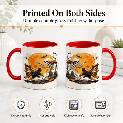 #pl[11oz|Red] Halloween Yorkie Ceramic Mug, Orange Moon Skeleton Dog Design