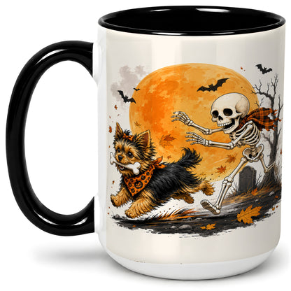 #pl[15oz|Black] Halloween Yorkie Ceramic Mug, Orange Moon Skeleton Dog Design