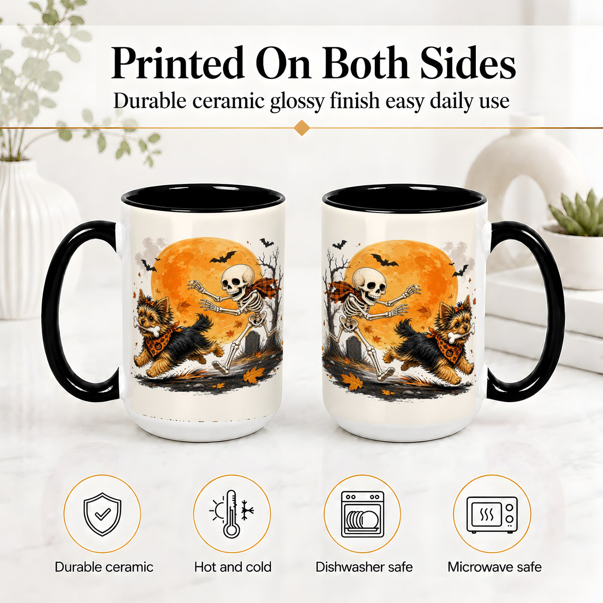 #pl[15oz|Black] Halloween Yorkie Ceramic Mug, Orange Moon Skeleton Dog Design