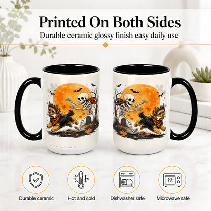 #pl[15oz|Black] Halloween Yorkie Ceramic Mug, Orange Moon Skeleton Dog Design