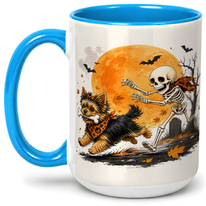 #pl[15oz|Blue] Halloween Yorkie Ceramic Mug, Orange Moon Skeleton Dog Design