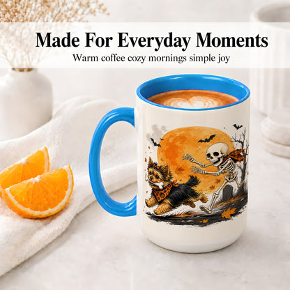 #pl[15oz|Blue] Halloween Yorkie Ceramic Mug, Orange Moon Skeleton Dog Design
